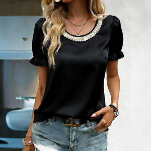 Blusa de Satén Nueva de Primavera para Mujer, Cuello Redondo con Perlas, Manga Abullonada con Volantes, Camisa Elegante Brillante para Dama - Product Image 4