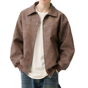 جاكيت رجالي مخصص من الجلد الصناعي بسحاب، جاكيت بومبر بتصميم عتيق لراكبي الدراجات النارية، معاطف أزياء الشارع - Product Image 1