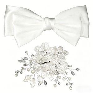 Pince à <span class=keywords><strong>cheveux</strong></span> classique 3-en-1 détachable avec nœud en satin, fleur, perle et cristal pour <span class=keywords><strong>mariée</strong></span>, femme, mariage, bal de promo, fête prénuptiale, accessoires capillaires - Product Image 2