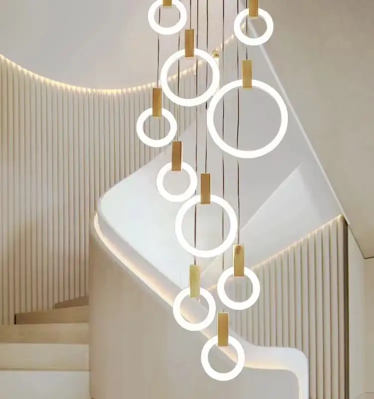 Modern Led Chandelier Ceiling Living Room Wooden Lighting Acrylic Ring Fixtures Stairs Deco Hanging Lights Dining Pendant Lamps