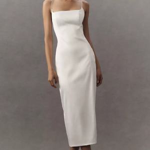 Vestido Midi Casual de Satén con Bordado Floral, Cuello Cuadrado, Abertura Trasera, Ajustado y Elástico, Talla XS, Material de Piel Sintética, Encaje Calado para Verano - Product Image 1