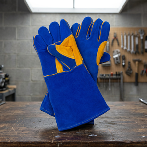 Guantes de soldadura de cuero azul con refuerzo amarillo en la palma, 14 pulgadas de largo, forrados de algodón, para soldadura con electrodo. - Product Image 2