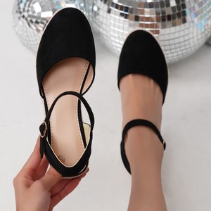 Sandales compensées en daim noir à bout fermé, plateforme, semelle extérieure en paille, fermeture à boucle, chaussures d'été pour femmes - Product Image 2