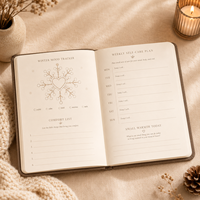 Carnet de bien-être hivernal LABON personnalisé avec couverture en lin brodée, plan d'autosoins, suivi de l'humeur, papeterie marron