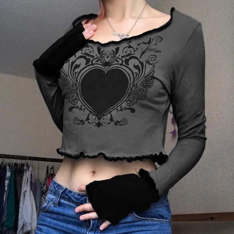 y2k aesthetic clothing slim fit slimming small stitching long sleeve top T shirts for women T-shirt