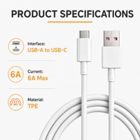 Câble USB A vers C blanc 6A compatible avec les téléphones et tablettes Android, vente en gros, câble de charge pour achat en gros