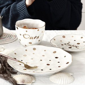 Soldes Exceptionnelles : <span class=keywords><strong>Vaisselle</strong></span> en Céramique Dorée à Pois <span class=keywords><strong>de</strong></span> Style Européen, Assiette <span class=keywords><strong>de</strong></span> Service Domestique, Bol à Soupe. - Product Image 1