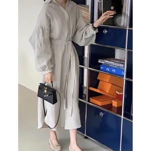 5141# Korean casual cotton line retro loose fitting slim mid length shirt dress 2023 summer new abaya modest dress