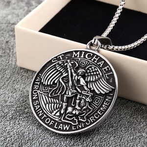 yunnique St Michael Patron Saint Of Law Enforcement Pendant Necklace Men Stainless Steel Round <b>Angel</b> Wings Design <b>Gift</b> Jewelry - Product Image 2