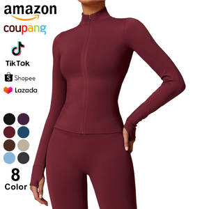 Slim Fit Yoga extensible entraînement course piste vestes à manches longues pleine fermeture éclair sport pouces trous Sport Gym veste femmes Yoga <span class=keywords><strong>haut</strong></span> - Product Image 1