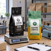 Sachet d'emballage de café personnalisé imprimé avec soufflet latéral, fermeture à lanière métallique, doublure en aluminium et fermeture quadri-scellée pour le stockage de grains de café torréfiés