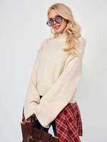 Cardigan élégant pour femme en maille unie à col roulé, coupe ajustée, manches cloche larges, anti-rétrécissement, en polyester