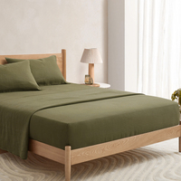 Sábana bajera ajustable verde oliva tela de lino suave lavada piedra tamaño king Hotel hogar color sólido logotipo personalizado
