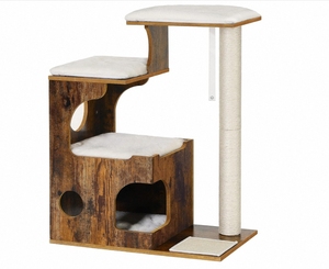 Tour à chat en bois moderne avec 3 lits, poteaux en sisal, fausse fourrure moelleuse, griffoir écologique, emballé en carton, pour usage intérieur et extérieur - Product Image 1