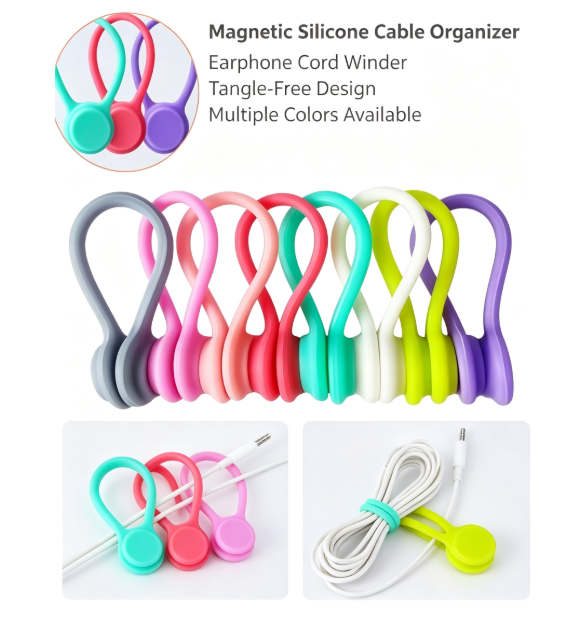 Magnetic Silicone Cable Organizer, Earphone Cord Winder, Tangle-Free Tie for Headphones Chargers Data Cables