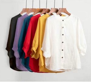 Camiseta de verano para mujer con cuello halter, estilo pagoda, ecológica, transpirable, holgada, vintage, de manga corta, informal, de algodón y cáñamo, lisa y larga. - Product Image 3