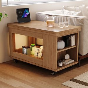 Solid Wood Movable Coffee <b>Table</b> With Storage Shelves For Living Room <b>Sofa</b> <b>Side</b> Use - Product Image 1