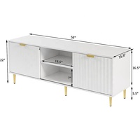 Meuble TV moderne en bois blanc cannelé, console multimédia, centre de divertissement, armoires de rangement, étagères ouvertes, pieds dorés, salon
