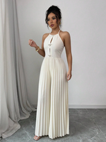 Combinaison Pantalon à Bretelles Halter Style Européen et Américain, Dos Nu Plissé, Décoration Nœud à la Poitrine, Coupe Large Grande Taille pour Occasions Professionnelles