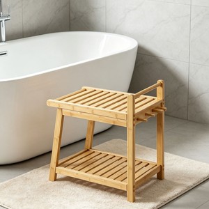 Natural Bamboo Bathroom Stool Double-Layer Drainage Waterproof Storage <b>Bench</b> for Home Bathroom - Product Image 5
