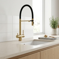 Robinet de cuisine classique en acier inoxydable 304 brossé doré, mitigeur 2 poignées chaud/froid en céramique à poser sur comptoir pour eau potable
