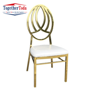 Chaises de banquet de mariage empilables en métal de haute qualité, style moderne et luxueux, dossier rond blanc et or - Product Image 1