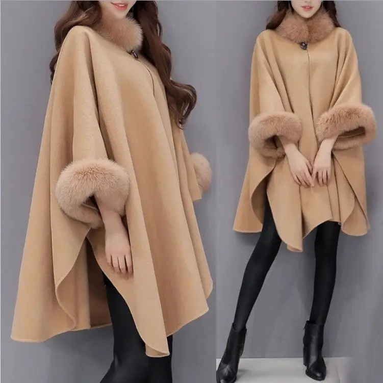 Quality Selling Winter Warm Loose Plus Size 5XL Wrap Coat Women Wool Cloak Coat with Fur Collar