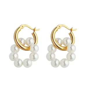 Delicate gold plated 925 sterling silver double circle drop freshwater hoop pearl earrings