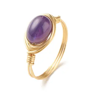 Grosir cincin batu alam dibungkus tembaga buatan tangan 8mm Amethyst Rose Quartz batu bulan cincin penyembuhan kristal