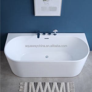Modern Corner-Fit Freestanding Bathtub, Gloss <b>White</b> <b>Acrylic</b> Back-to-Wall Oval Soaking Tub for Bathroom - Product Image 5