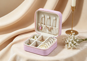 Estuche de Joyería Cuadrado Portátil de Alta Gama, Cierre Magnético, Tela de Cuero Sintético Rosa Claro, Diseño con Cierre de Cremallera, Múltiples Ganchos para Pendientes - Product Image 2
