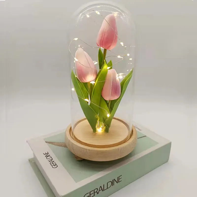 Nuovo imballaggio del regalo di San Valentino Artificiale vero tocco tulipano in Vetro fiore decorativo in cupola di vetro