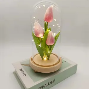 새로운 발렌타인 선물 포장 인공 진짜 터치 튤립 유리 장식 꽃 유리 돔