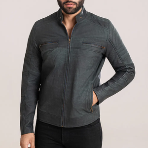 Chaqueta de Motociclista Informal de Cuero Genuino y Lona Transpirable Estilo Café Racer Gris para Hombre - Product Image 1
