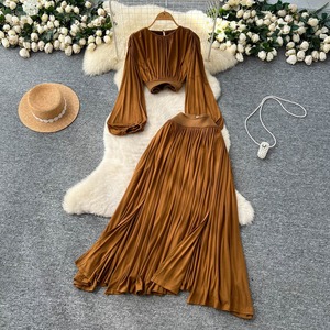Conjunto de Dos Piezas para Mujer, Blusa Formal y Falda de Chifón con Abertura Lateral, Cintura Alta, Manga Farol, Estilo Casual, Garantía de Calidad - Product Image 1