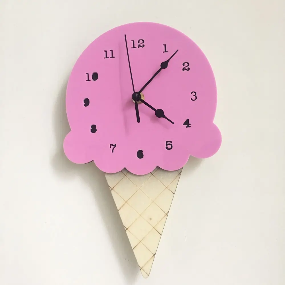 Wooden Ice Cream Design Cute Cartoon Baby Room Kids Alarm Clock Wall Home Decor Hanging For Kids Room