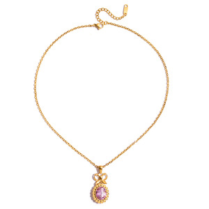 Stainless Steel Pink Zircon Pendant Necklace Bowknot Design Bezel Setting <b>Gift</b> Jewelry For Women - Product Image 5