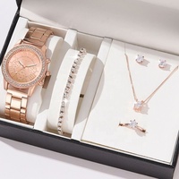 Ensemble 5 Pièces Montre Femme Bague Collier Boucles d'Oreilles Montre-Bracelet Strass Montres Décontractées pour Dames avec Bracelet, Sans Boîte