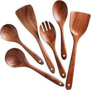 Ensemble d'ustensiles de cuisine écologiques en bois, 5 pièces, cuillères, spatule avec support, repose-cuillère - Product Image 1