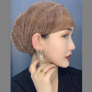 Foulard en mousseline rayé pour femme, style européen et américain, avec design élastique double couche, bonnet de yoga musulman en polyester - Product Image 4