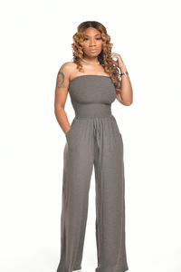 <span class=keywords><strong>Mono</strong></span> de verano casual sin tirantes para mujer, holgado, con hombros descubiertos, fruncido, sin mangas, de pierna ancha, con bolsillos - Product Image 3