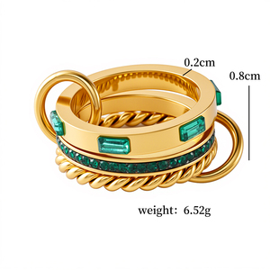 Mới Đến Ba Lớp Nhẫn Vuông Màu Xanh Lá Cây CZ Đá Xếp Chồng Vòng Thép Không Gỉ Thời Trang Phụ Nữ Không Thấm Nước Đồ Trang Sức - Product Image 3