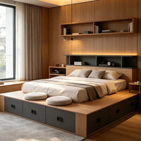 Lit double bas de style japonais Tatami, lit à panneaux monté au sol, lit bas sur plateforme avec bords arrondis en bois massif