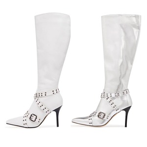 <span class=keywords><strong>Bottes</strong></span> pour femmes sur mesure, blanches, à bout pointu, à talon aiguille, cloutées, à lanières, hauteur genou - Product Image 1