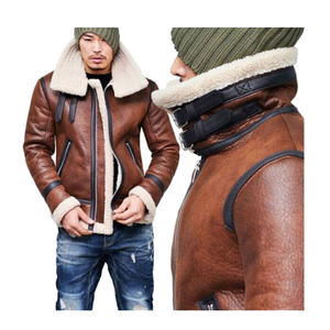 OEM 100% หนังแกะแท้สำหรับผู้ชาย, แจ็คเก็ตนักบินบอมเบอร์แจ็คเก็ตหนังสีน้ำตาลขนาดใหญ่พิเศษให้ความอบอุ่นในฤดูหนาวขนแกะขน B3เที่ยวบิน - Product Image 1