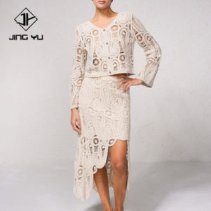 Ensemble deux pièces en coton personnalisé : haut brodé ajouré à manches longues et robe ajustée de haute qualité - Product Image 1