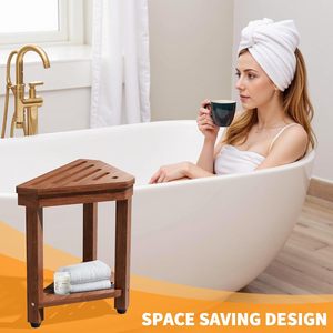 Wooden <b>Bathroom</b> Shower <b>Stool</b> Two Tier Storage Rack Triangular Toilet Seat With Shelf For Toiletries Minimalist Design - Product Image 4