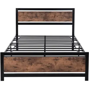 Odyhome DB347 Handwork Wooden Headboard Wrought Iron Slats Adult Double Bed Frame For Bedroom Furniture