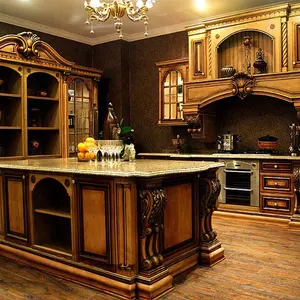 Antique American Style Red Cherry Kitchen Cabinet Designs With Evident Cherry Grain And Gold Touches