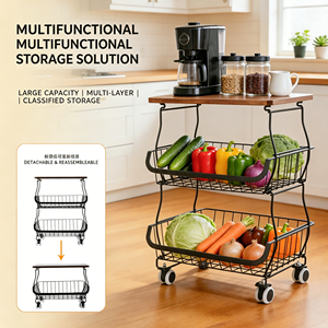 2-Tier <b>Rolling</b> Kitchen Cart Wooden Top Wire Storage Basket Utility Trolley <b>Fruit</b> Vegetable Organizer Rack For Pantry Home - Product Image 2